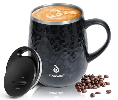 Ideus Kaffeebecher 470ml (16oz), doppelwandige vakuumisolierte Kaffee- und Teetasse aus Edelstahl mit rutschfestem Griff und Schiebemoduldeckel und großem Volumen (Leopard Schwarz)