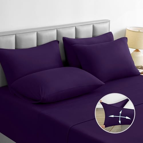 BYSURE Jersey Knit King Size Sheets Set 6 Pieces, Stretch Super Soft and Wrinkle-Free Bed Sheets, Spandex Blend with 18-inch Deep Pocket, Purple