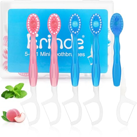 Erinde 12 Pezzi 5 in 1 Mini Filo Interdentale e Scovolini Dentali, Inclusi Uno Spazzolino, Filo Interdentale e Collutorio, Mini Spazzolino da Denti Morbido, Kit da Viaggio (Gusto Pesca + Gusto Menta)