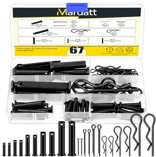 Mardatt 67Pcs Carbon Steel Clevis Pin Cotter Pin R Pin Assortment Kit, Include 5 Sizes M5 M6 M8 M10 M12 Flat Head Single Hole Clevis Pins and M2 M3 M4 Split Cotter Pins/ R Clips