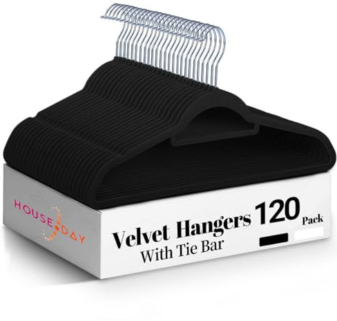 HOUSE DAY Kleiderbügel Samt 120 stück,Kleiderbügel Platzsparend Rutschfester mit Krawattenhalter,360°drehbar,geeignet für Anzüge, Jacken, Hemden, T-Shirts, Kleider und Camisolen(Schwarz)