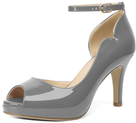 AUMOTED Stiletto High Heels Women 3.4 Pumps, Peep-Toe Patent Leather 2cm Platform for Street Style Events Patent Grey US Size 9.5