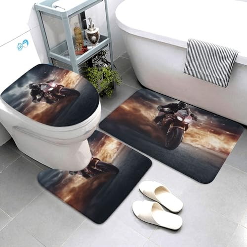 Set di 3 tappeti da bagno super assorbenti, set di tappetini da bagno antiscivolo, tappetino da bagno lavabile e copriwater, tappetino da bagno con uomo che guida una moto, tappeto da bagno per doccia