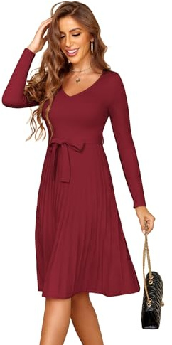 Zeagoo Abiti Maglione da Donna a Manica Lunga in Maglia Abito Elegante Scollo a V Abiti Linea A Vestiti Tinta Unita con Cintura Autunno e Inverno Vin Rouge L