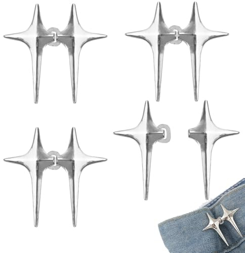 4 Pairs Four-Pointed Star Jeans Buttons Pins - Adjustable No-Sew Waist Tightener Clips for Pants, Trousers & Skirts - Replacement Jean Buttons for Men & Women - Easy Install, Strong Metal Design
