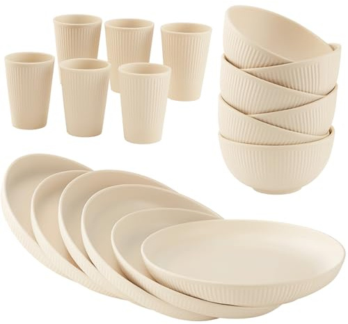 18 Pcs Wheat Straw Dinnerware Sets, Vertical Ribbed Dishware, Microwave Dishwasher Safe, BPA Free Unbreakable Dinner Plates, Bowls, Cups for Family Use