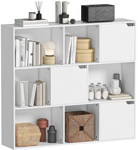 HOMCOM Bücherregal 9 Würfelfächer 3 Türen Büroregal 106 x 24 x 95 cm Weiß | 6 Offenen Regalen, Aufbewahrungsregal, Display Regal, für Wohnzimmer, Home-Office