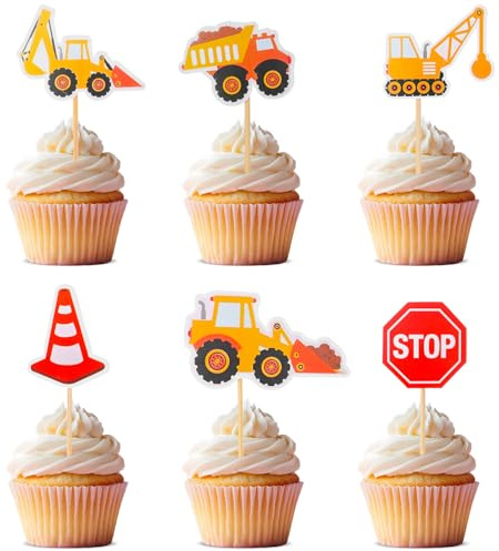 36 Stück Straßenschild Baufahrzeug Cupcake Topper,Jungen Mädchen Kuchen Dekorieren,Bagger Geburtstag Kuchen Topper,Party Dekoration Zubehör