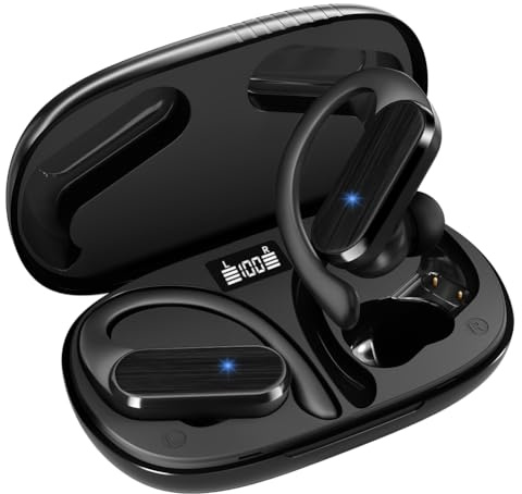 Caijin Cuffie Bluetooth Sport, Auricolari Bluetooth 5.3 HiFi Stereo con Gancio, 60 Ore Autonomia Totale, IPX5 Impermeabili Cuffiette Bluetooth con Display LED, Cuffie Senza Filo per Palestra/Running