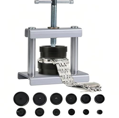Miayical Uhrenpresse Gehäuseschließer,Uhrendeckelpresse,Uhrenschließer Einpresswerkzeug,Feinmechaniker Uhrenwerkzeug,Uhr Presse Set Mit 12 Förmchen für Schließen von Uhrengehäusen und Batteriewechsel