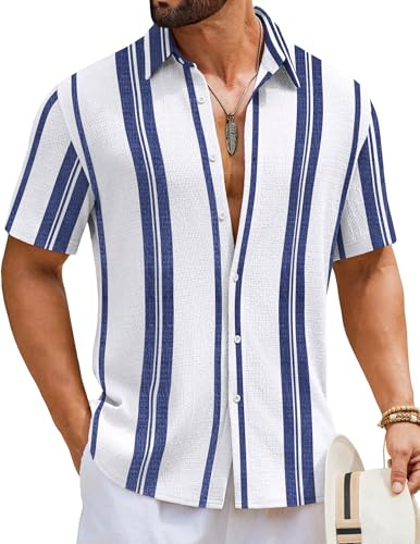 COOFANDY Camicia da uomo a maniche corte a righe, camicia estiva da uomo, a maniche corte, leggera, per il tempo libero, per vacanze, spiaggia e Smart Casual, bianco/blu scuro, L