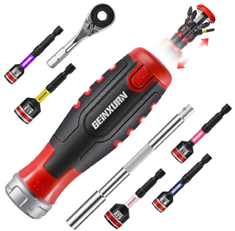 GEINXURN Destornillador de carraca y soporte de puntas magnético, 19 piezas, minillave de carraca para reparaciones de bricolaje, incluye juego de puntas de 13 piezas (PH/PZ/Torx/Hex)