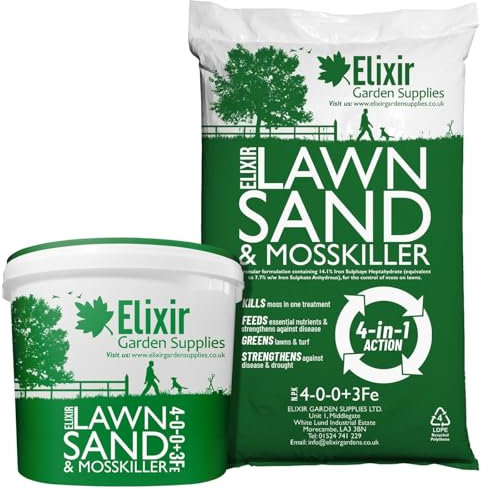 Elixir Gardens Lawn Sand & Moss Killer with Added Iron Sulphate | Turf Treatment & Grass Green-Up Tonic | 500g - 25kg Weights | N.P.K 4-0-0+3% Fe | 10kg Tub | Treats upto 125sqm