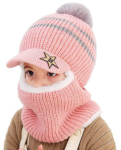 Uniyoung Baby vinter varm mössa halsduk småbarn flickor pojkar öronklaffar huva balaclava barn fleecefoder stickad pompom mössa hatt med visir skidor snökepsar för 1-5 år, Rosa, en storlek