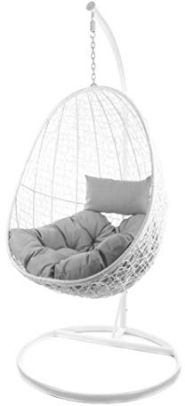 Kideo® set completo: poltrona sospesa con telaio e cuscino, per interni ed esterni, in rattan sintetico. Colore telaio e cesto: bianco. Cuscino: grigio, trapuntato (8008 cloud)