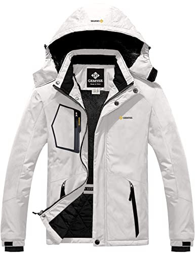 GEMYSE Herren wasserdichte Skijacke Winddichte Fleece Outdoor-Winterjacke mit Kapuze (Weiß 02,XL)