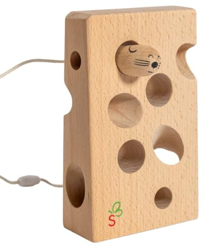 SCHMETTERLINE® Fädelspiel aus Holz – extra großes Fädelspielzeug – Montessori Motorik-Spielzeug für Kinder ab 2 Jahre – Fädel-Käse aus Natur-Buchenholz – Sicher, geprüft und schadstofffrei