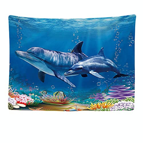 Ulticool - Dauphin Mer Corail Dauphins - Tapisserie murale - 200x150 cm - Grande tapisserie - Poster Décoration - Accessoires de chambre d'enfant - pour fille et garçon