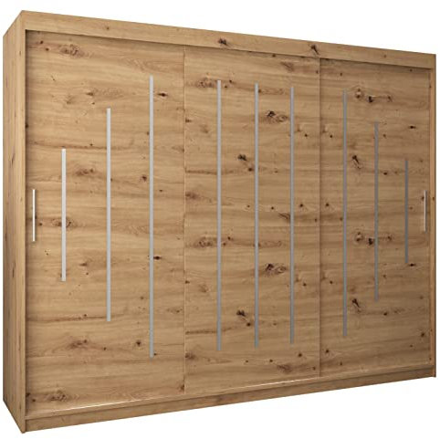 Kryspol Schwebetürenschrank York 250 cm Kleiderschrank mit Kleiderstange und Einlegeboden Schlafzimmer- Wohnzimmerschrank Schiebetüren Modern Design (Artisan Eiche)