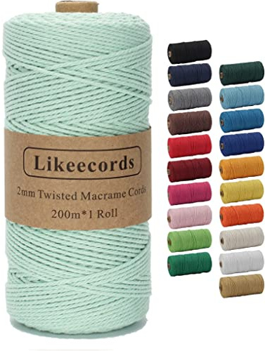 Likeecords makramésnöre 2 mm x 220 yards (201 m), färgat makramésnöre, bomullssnöre, makramégarn, färgglatt bomullspysselsnöre för upphängning, växthängare, pyssel, stickning (ljusgrön)