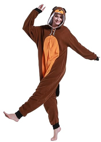 Guturris Pelele Castor Marrón Animales Cosplay Trajes Mono Pijama Halloween Ropa de Dormir para Mujeres y Hombres M