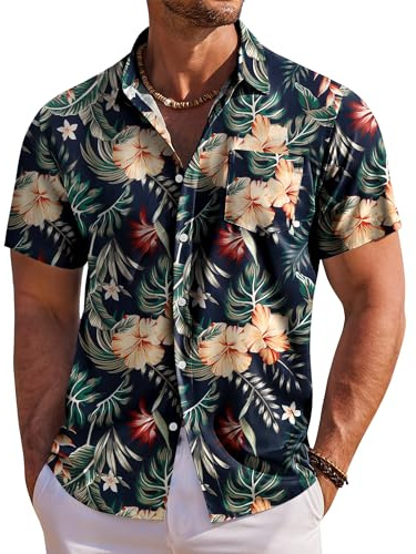 COOFANDY Hawaii-skjorta, män, kortärmad sommarskjorta, Hawaii-skjorta, män, semesterskjorta, blommor, strandskjorta, normal passform