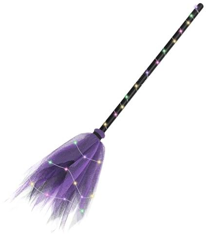 ENLACE Halloween Hexenbesen, 90cm Hexe Magischer Besen, Kostümierung Halloween, Abnehmbare Besen Requisiten, Kinder Hexenbesen für Cosplay Party Kostümpartys, Lila mit Bunt LED
