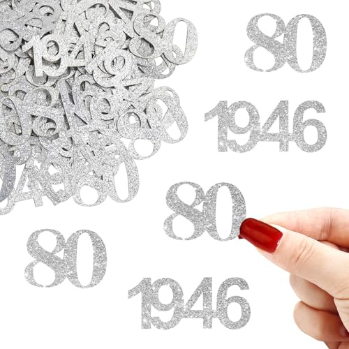 ALEGRE Confetti Glitter 80 Compleanno Deko Grande 3,4-5cm, 100 Pezzi Deko 80 Compleanno Uomo, Decorazione da Tavolo 80 Compleanni Donna, 1946 Decorazione Sparsa 80 Compleanni, 80° Compleanno Argento