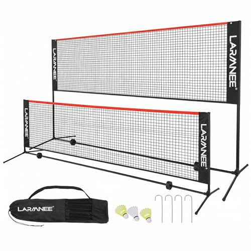 LARMNEE Badmintonnät, tennisnät, justerbart i 3 höjder, bärbart och hopfällbart, träningsset med nät, järnstöd och bärväska EBR03BN02
