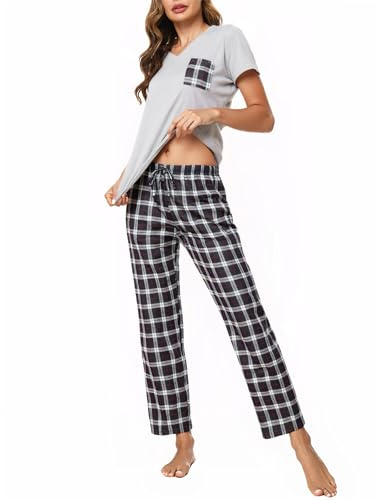 Crewhpo Pigiama Donna Cotone Due Pezzi Pigiama Scollo a V Set Pigiama Manica Corta e Pantaloni a Quadri Pigiama da Casa Leggero Grigio Chiaro L