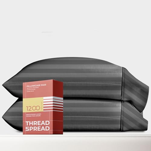 Thread Spread 100% Egyptian Cotton King Size Pillow Cases Set of 2 - Luxury 1200 Series Plush Collection Pillow Cases King Size (Dark Grey Stripe), Soft Envelope Closure Egyptian Cotton Pillowcases