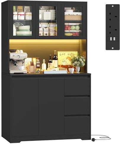 FirFurd Kitchen Cupboard 180cm Tall Cabinet with Power Socket, LED Light | Kitchen Sideboard Storage Cabinet, Large Countertop, Adjustable Shelf, 3 Glass Doors, 3 Drawers 180 x 100 x 38.5cm Black