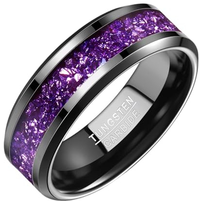 NUNCAD Tungsten Men's Rings with Amethyst Fragments - Black Purple Accents - 8mm Wide Comfort Fit Band