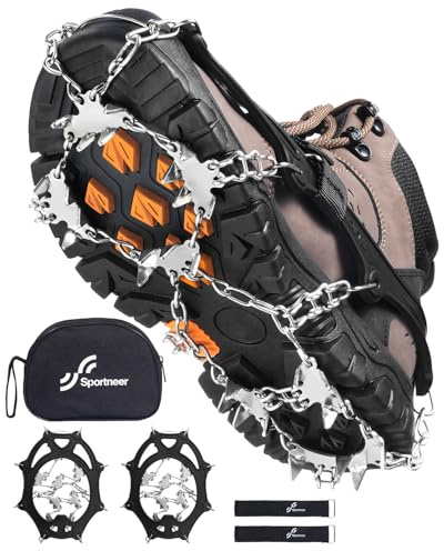 Sportneer Crampons： Ice Cleats for Shoes and Boots with 28 Spikes - Traction Slip-on Stretch Footwear for Walking and Shoveling on Ice and Snow - Lightweight for Women and Men