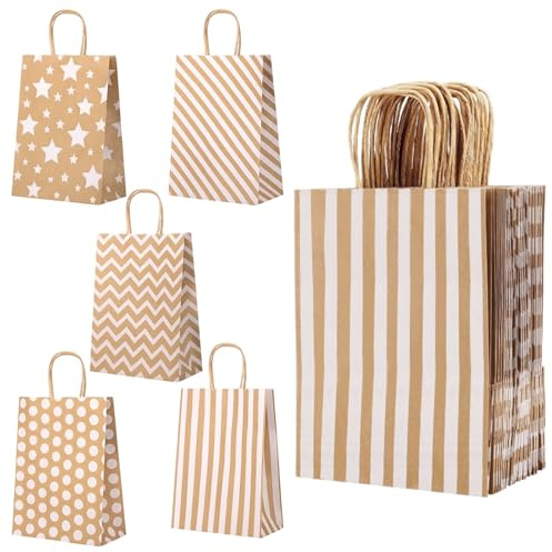 25 Sacchetti Regalo in Cartone Kraft con Manici, 22x16x8 cm - Borse Carta Kraft, Confezione di Borse in Carta per Feste, Compleanni, Matrimoni e Shopping