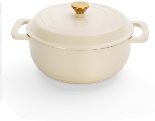 Bonnlo Enameled Cast Iron Round Pot, 26cm/5.2L Dutch Oven Cookware with Lid, Silicone Gloves, Heavy-Duty Pre-Seasoned Cookware for Bread Baking, Braising, Stews, Roasting - White, 5QT