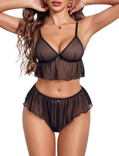 Sexy Pajamas for Women Sheer Lingerie 2 Piece Mesh Cami Shorts Nightwear