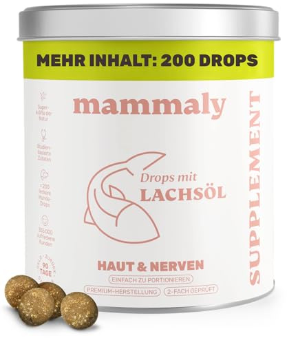 Lachsöl Drops für Hunde - 200 Leckerli (340g) von mammaly - Mit Lachs, Vitamin D & Omega 3 für Haut und Fell/Skin & Coat, Fellpflege & Hautpflege - Kann bei Haarausfall unterstützen für deinen Hund