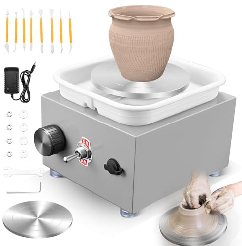 Tour de Potier, Tour Poterie 2000 tr/min Vitesse Réglable avec Plaques de 6,5/10 cm, Outils de Façonnage et Bassin Amovible, Tour Potier Poterie Enfant et Adultes, Gris