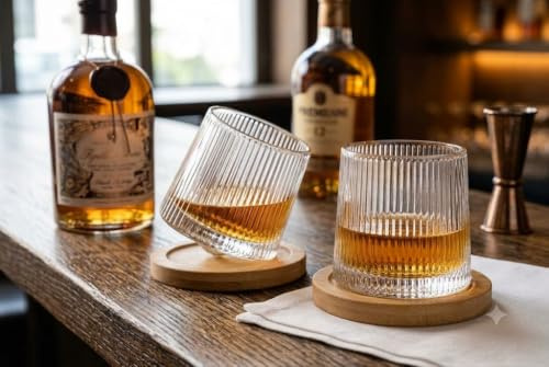 Utilissimi EDITACASA - Set 6 Bicchieri da Liquore con Base in Legno, Bicchieri Bilici Rotanti in Vetro a Coste, Design Elegante per Whisky, Rum e Digestivi, 160 ml, Idea Regalo Premium