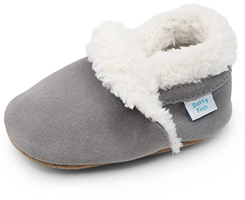 Dotty Fish Chaussons Bébé Enfant Daim Doublure Polaire Antidérapants | Sensation pieds nus, Semelle souple, Léger, Flexible, Large espace pour les orteils