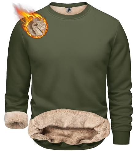 TACVASEN Mens Fleece Sweater Mens Sherpa Lined Sweatshirt Thermal Shirts Long Sleeve Crewneck Sherpa Lined Sweatshirt Army green