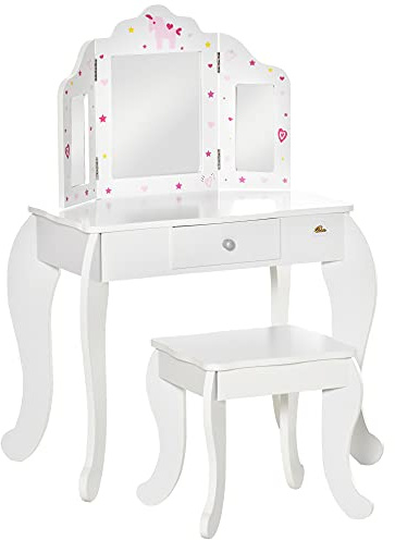HOMCOM Tavolo da Trucco per Bambini con Sgabello 2 in 1 Scriniva in Legno e Triplo Specchio, Toeletta Trucco in MDF e Acrilico, 63x40x85.5 cm, Bianco e Rosa