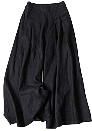 Gihuo Women' s Casual Cotton Linen Palazzo Pants Elastic Waist Wide Leg Culottes(Black-Large)