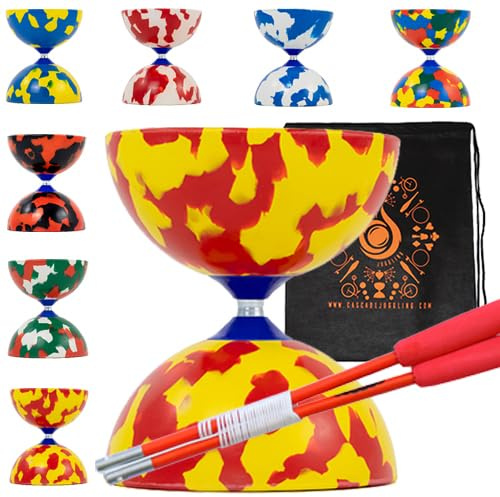 Jester Diabolo Set con bastoncini in fibra, corda per diabolo, in gomma media, con borsa per il trasporto a cascata (rosso e giallo)