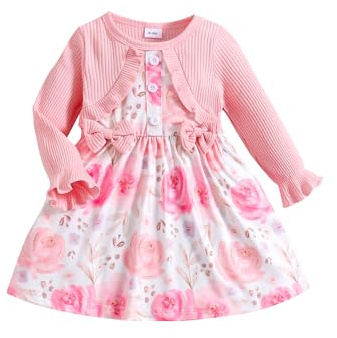 puseky Klänning Flicka Blommigt Tryck Långärmad Rosettklänning Flicka Prinsessa Klänning för Bröllopsfest Födelsedagsfest, Rosa, 9-12 mesi