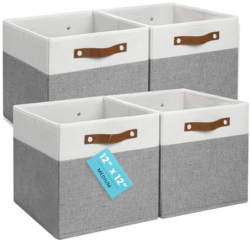 OrganiHaus 12 x 12 x 12 Fabric Cube Storage Bins - Set of 4, Cube Fabric Organizer Bins with Vegan Handles, Kallax Storage Cubes, 12Inch Cubic Baskets for Shelves - Grey / White