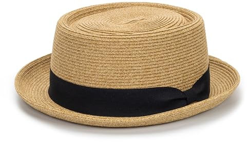 Klassischer Pork Pie Stroh-Sonnenhut für Damen und Herren, Sommerhut mit Rollkrempe, Fedora-Hut, Strandhut mit Schleife, Khaki-Stil3, Einheitsgröße