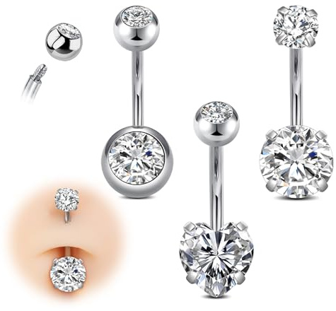 AVYRING Barre a bottone in acciaio chirurgico da 14 g, 10 mm, color argento o oro, con cuore rotondo e cuore, ipoallergenico, da donna, 3 pezzi, Acciaio inossidabile