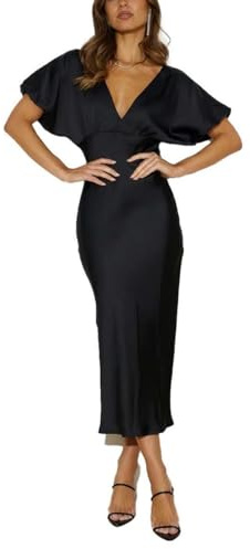 Satin V Neck Puffy Sleeves Silk Midi Dresses Empire Waist Elegant Tie Back Formal Cocktail Dress for Women Wedding Guest Black